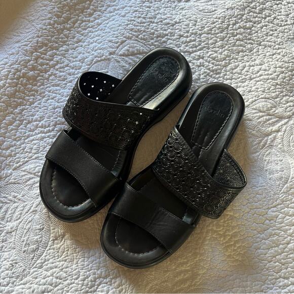 Dansko Black Leather Perforated Double Strap Slip-On Sandals - Picture 1 of 8